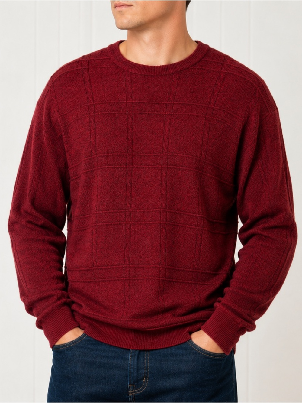 Dockers Soft Acrylic Red Marled Windowpane Crewneck Sweater Mens Size Large NEW!